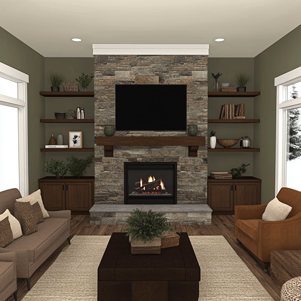 Cozy living room with stone fireplace and dark shelves.