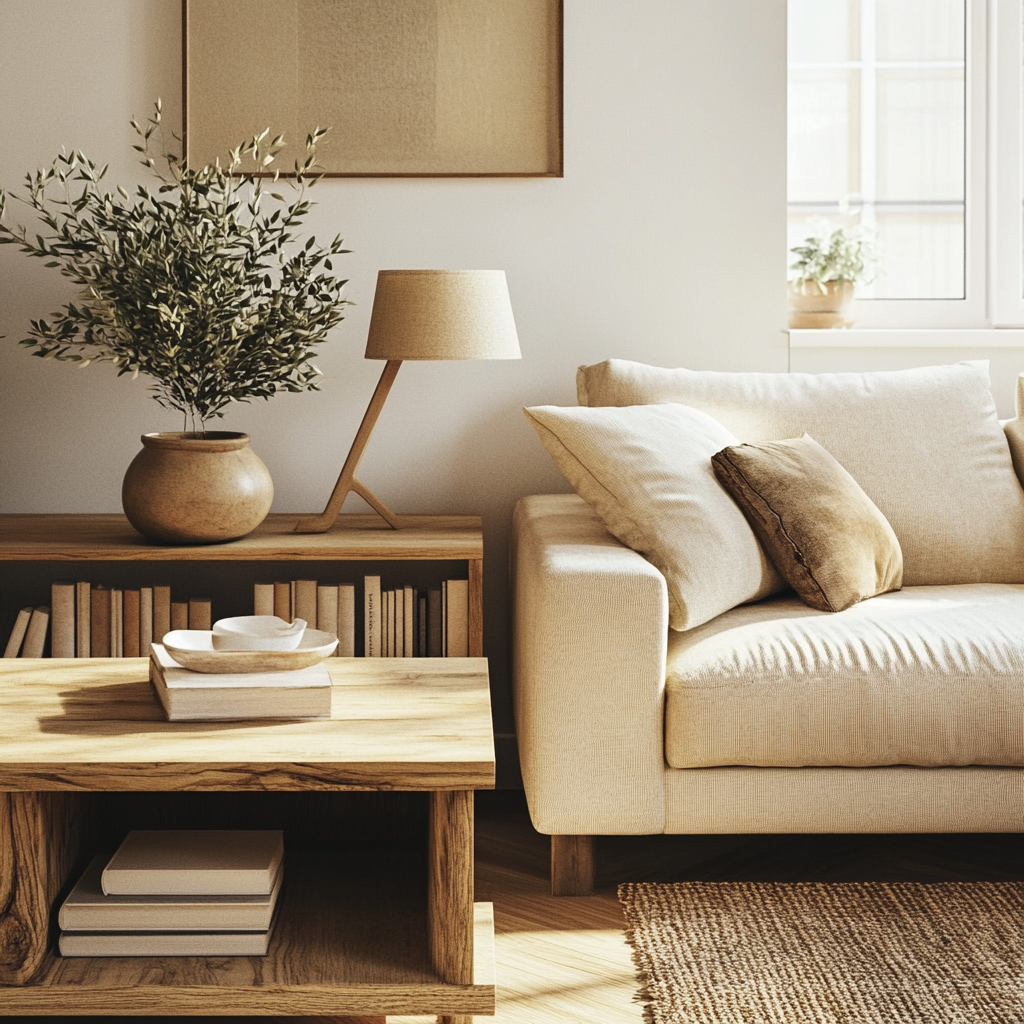 Cozy living room with stylish wooden sofa table.