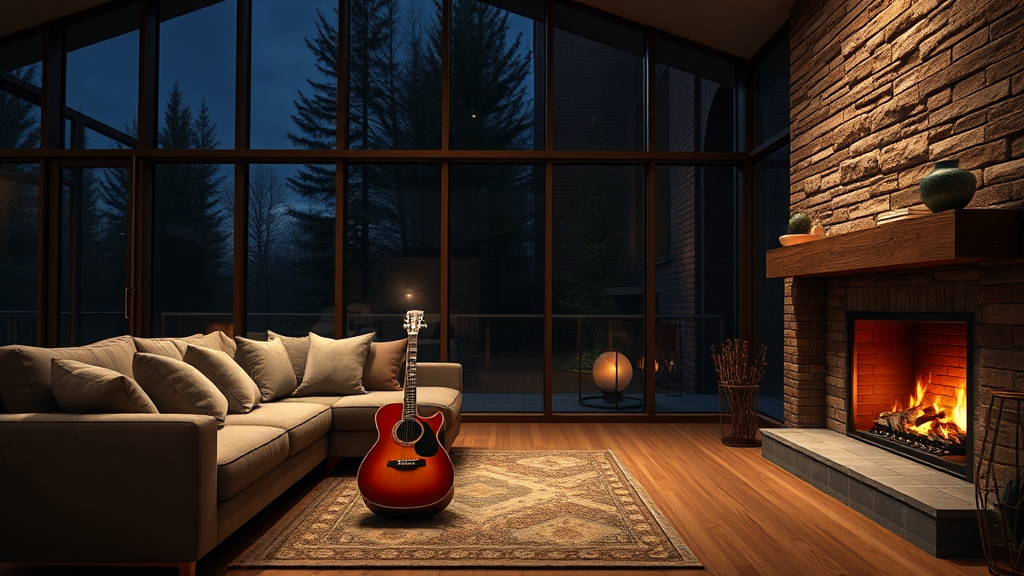 Cozy living room with windows, sofa, fireplace, guitar.