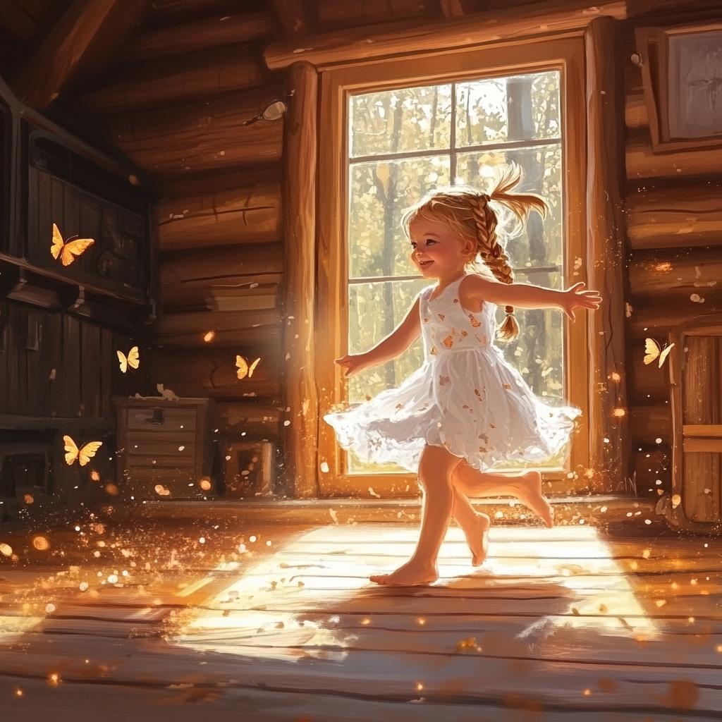 Cozy log home, little girl with butterfly braids