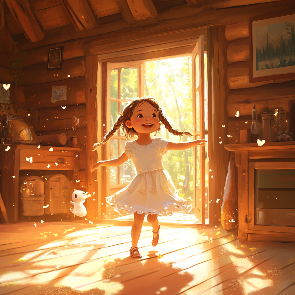 Cozy log home with little girl in butterfly braids, sunshine, and smiles. 