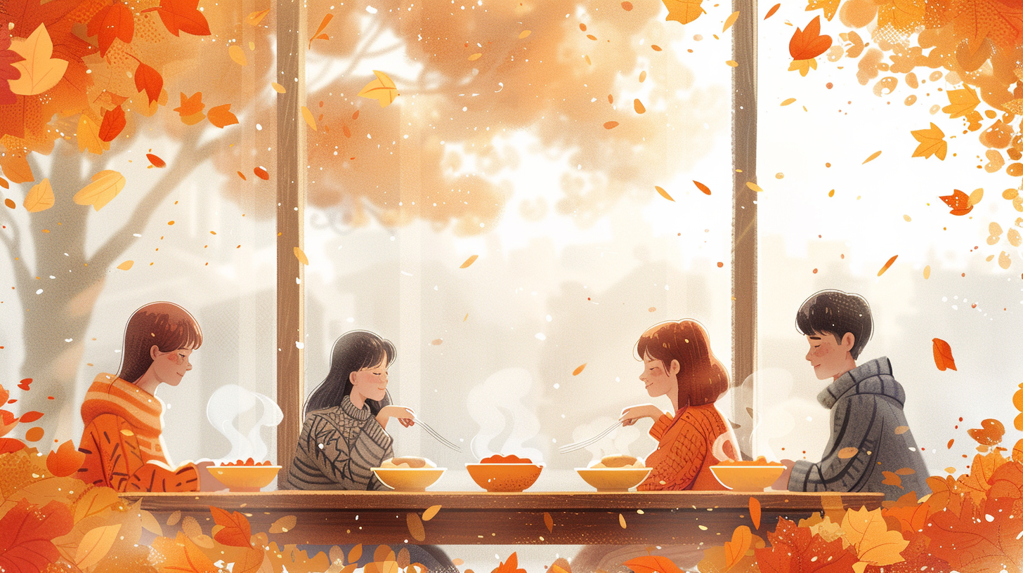 Cozy meal with friends in autumn setting.