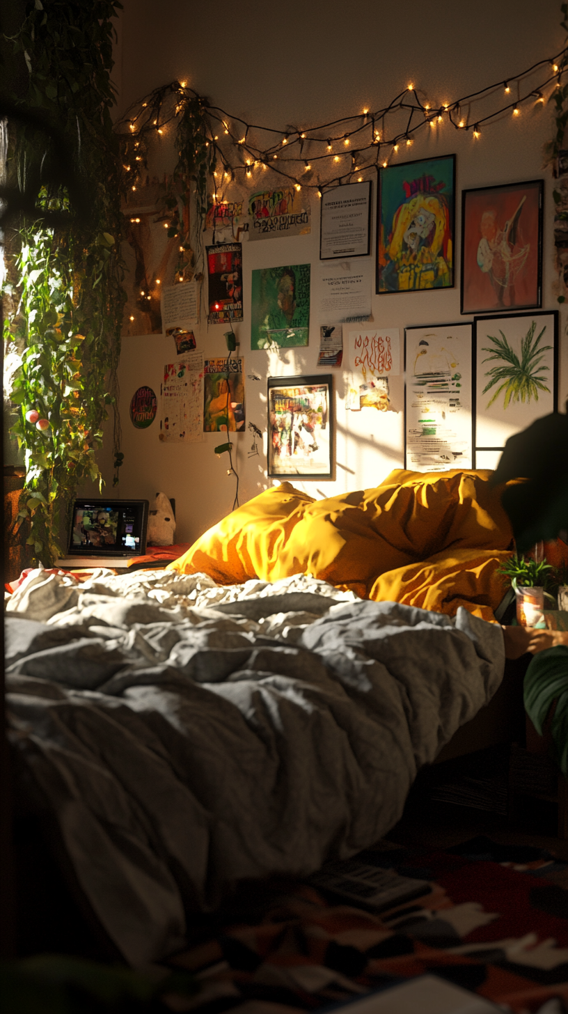 Cozy messy teenage bedroom with posters and plants.