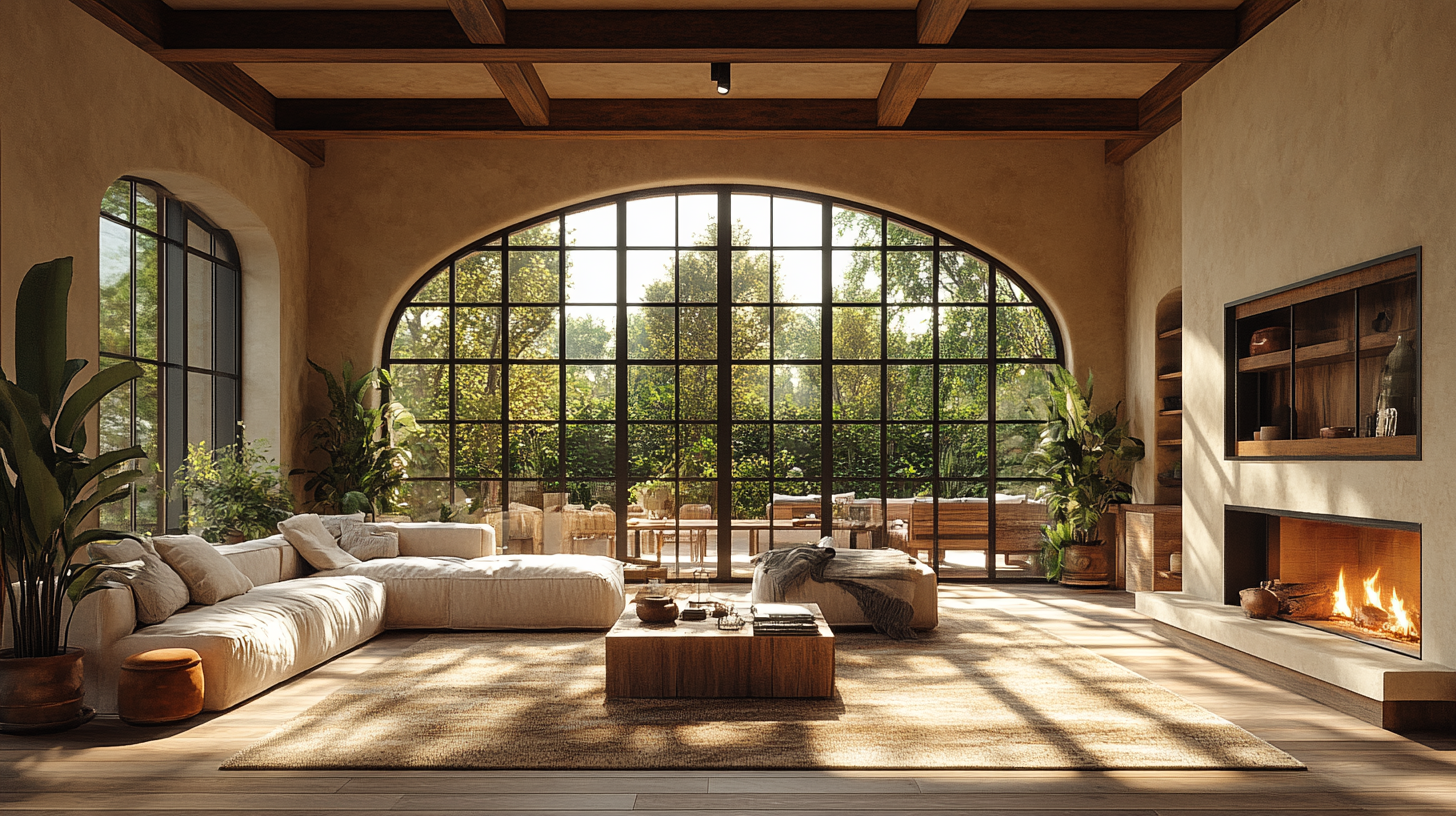 Cozy mid-century living room with rustic decor and fireplace.