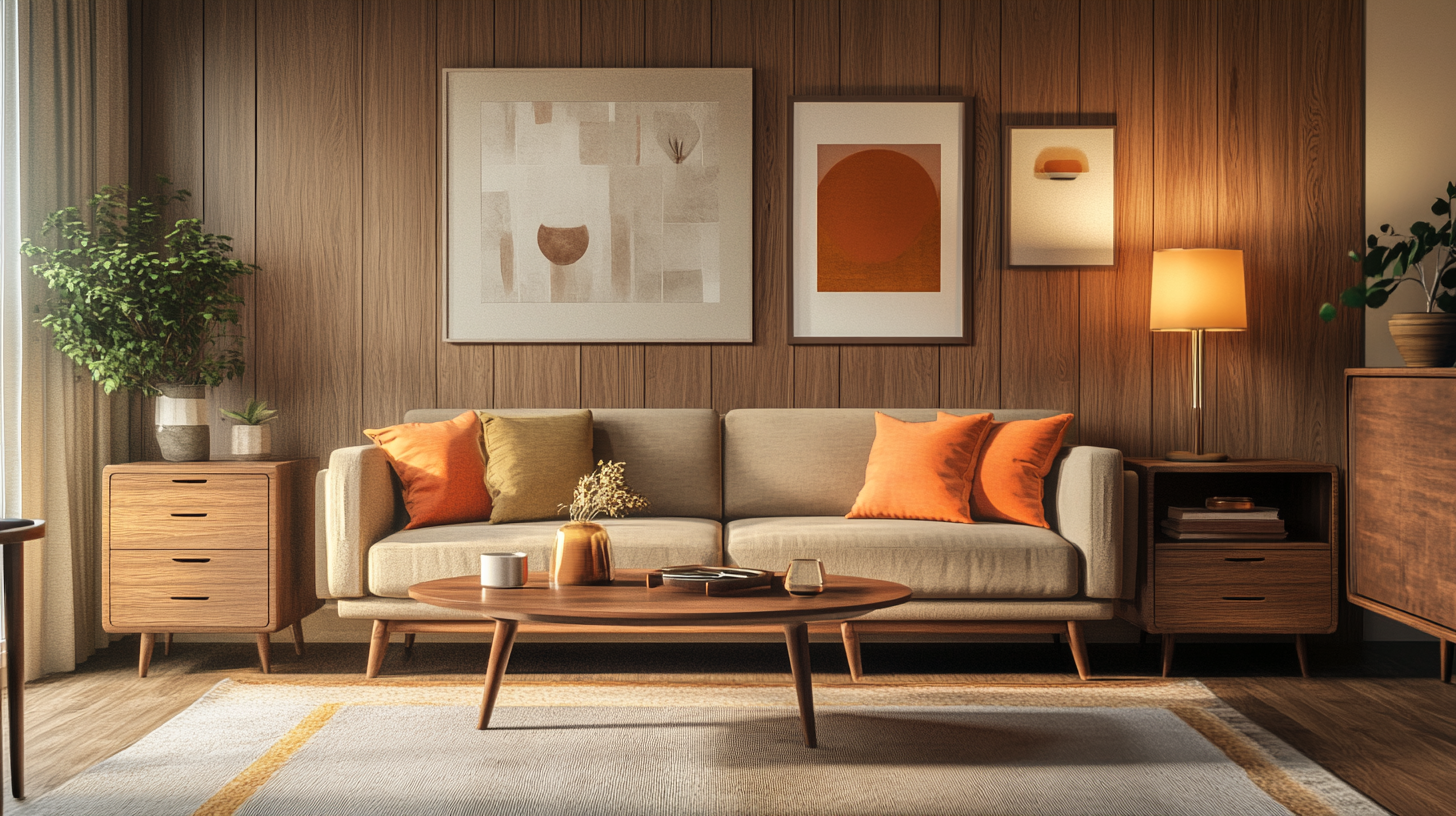 Cozy mid-century modern living room with wood furniture.