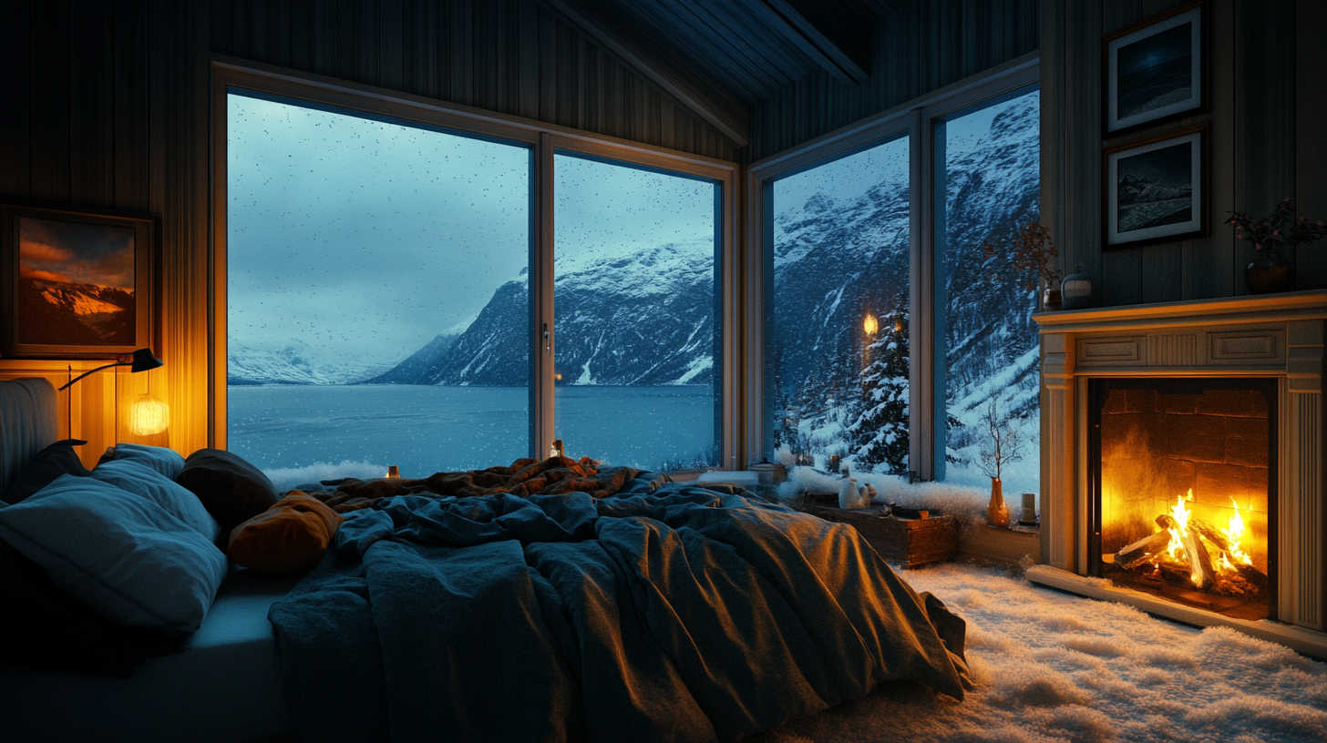 Cozy modern bedroom, messy bed, fireplace, snowy fjord view.