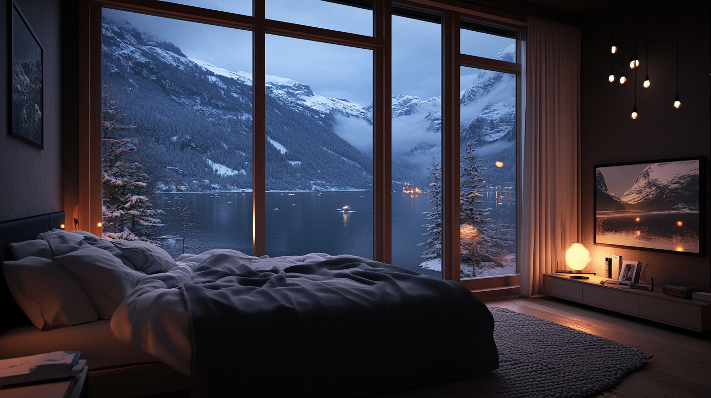 Cozy modern bedroom with gloomy evening lighting, snowy fjord.