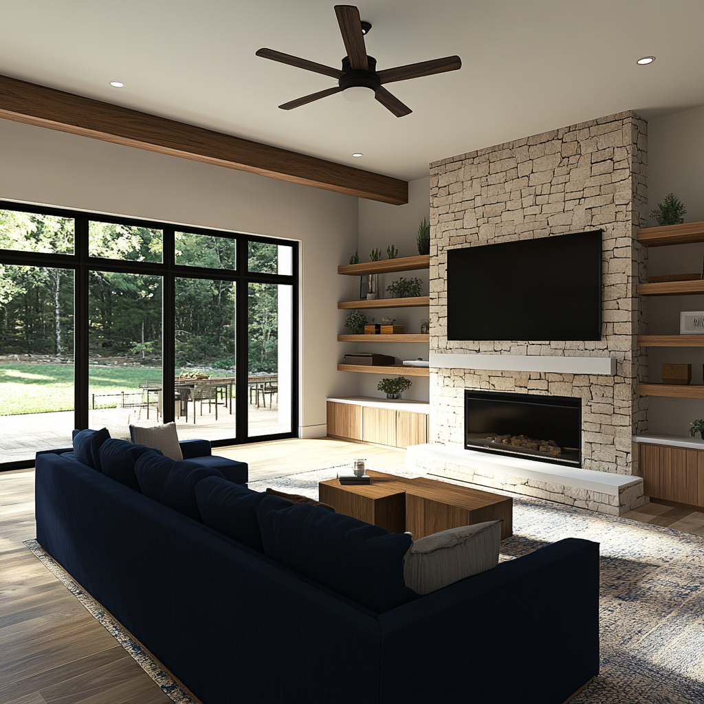 Cozy modern living room with stone fireplace and TV