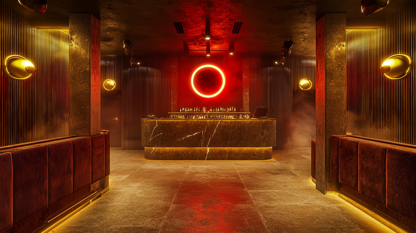 Cozy nightclub with industrial Art Deco design, vibrant lighting.