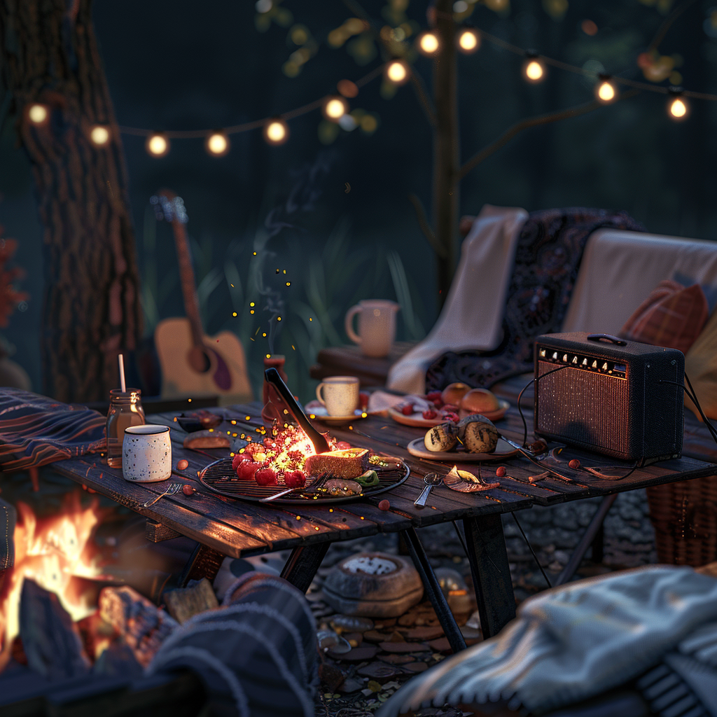 Cozy outdoor dinner with friends by bonfire