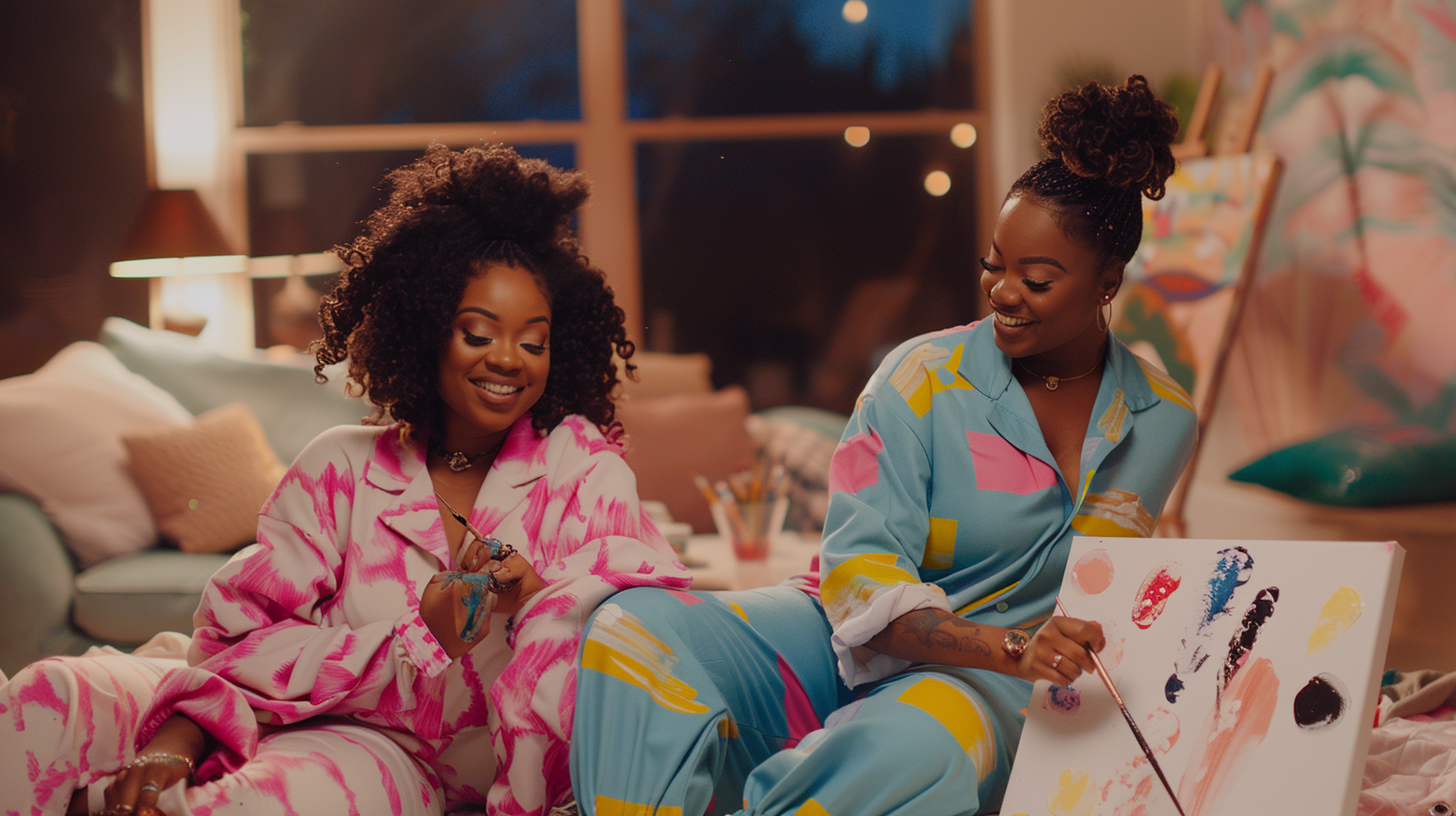 Cozy pajama party of black women painting together.