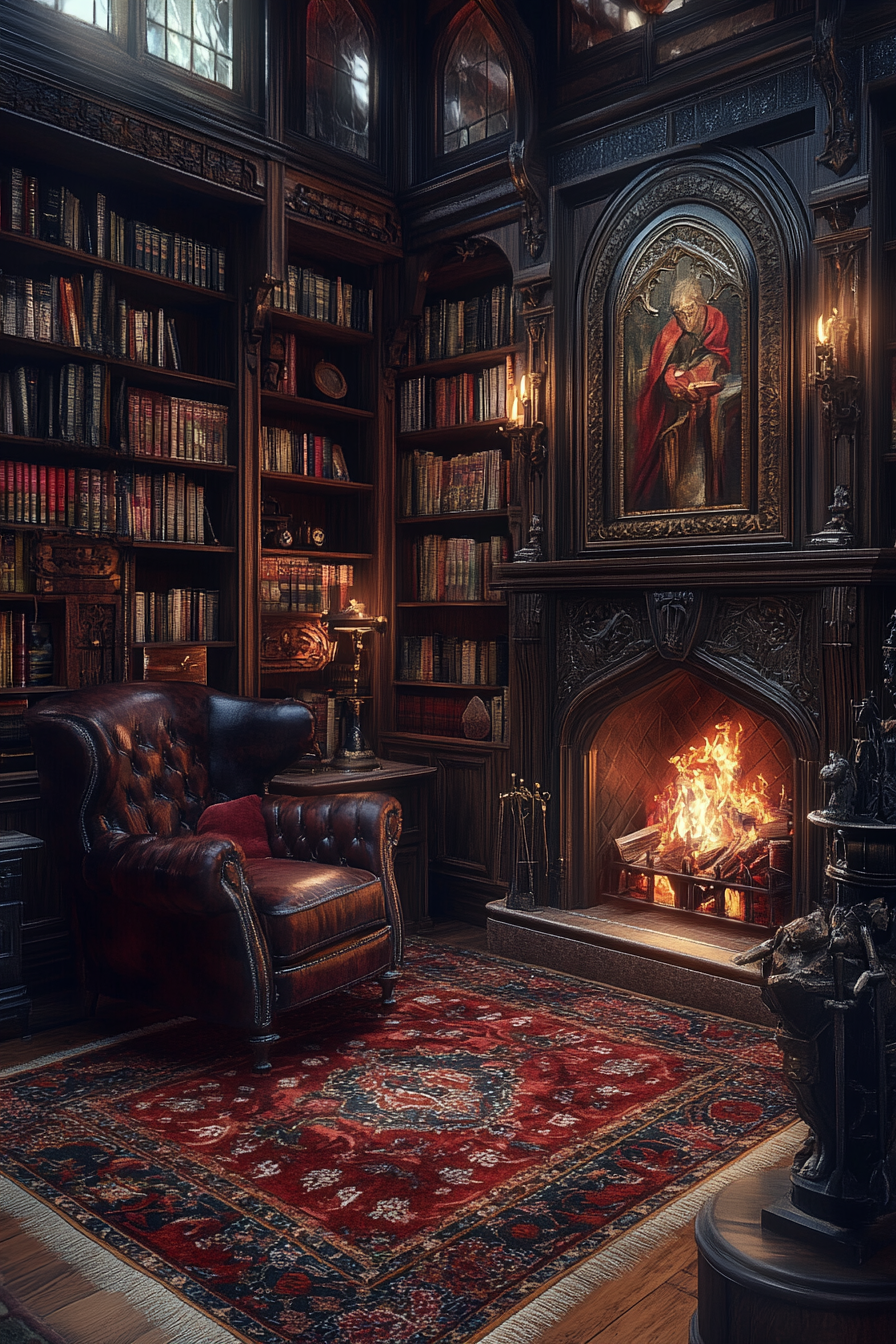 Cozy reading nook with old books near fireplace.