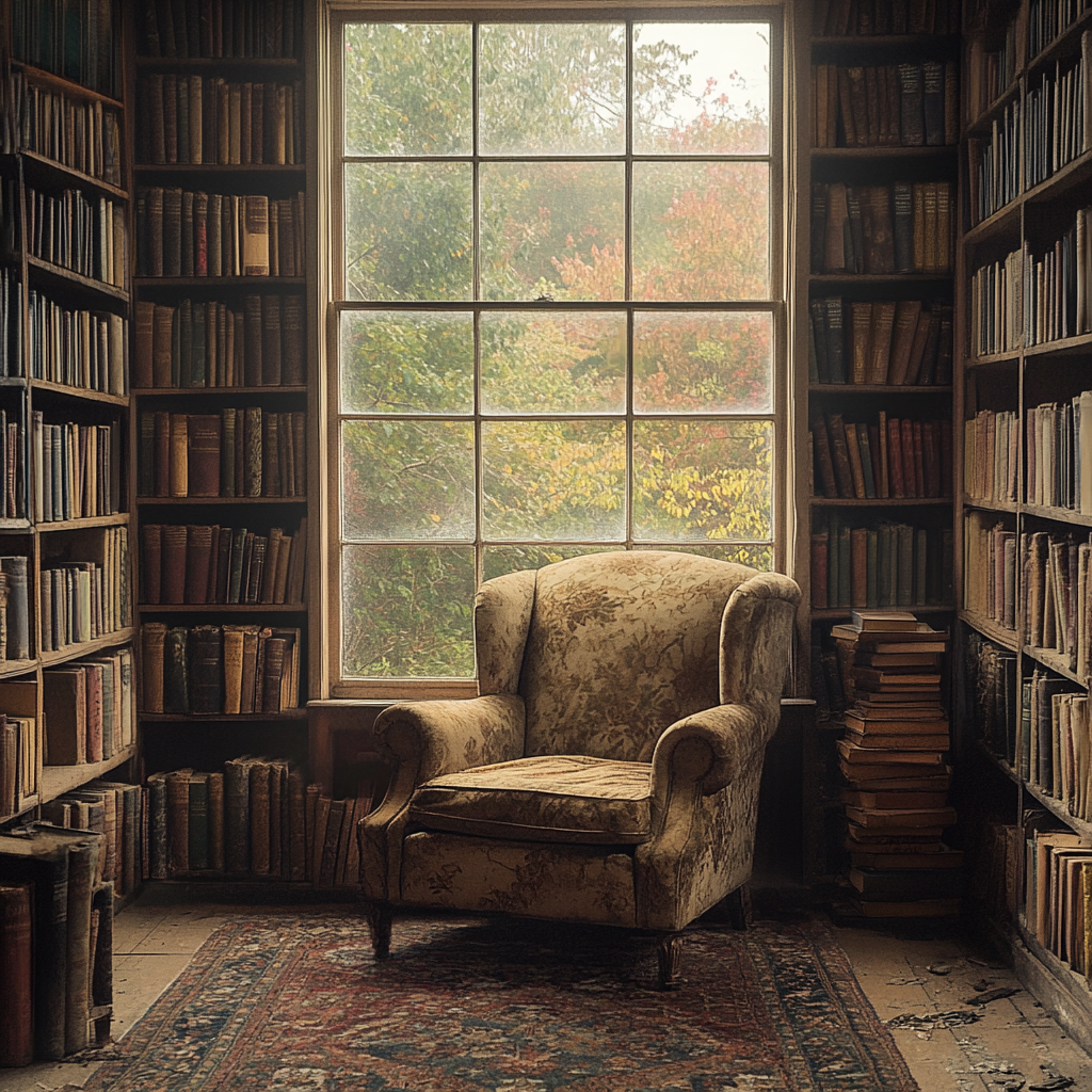 Cozy reading nook with vintage bookshelves and armchair.