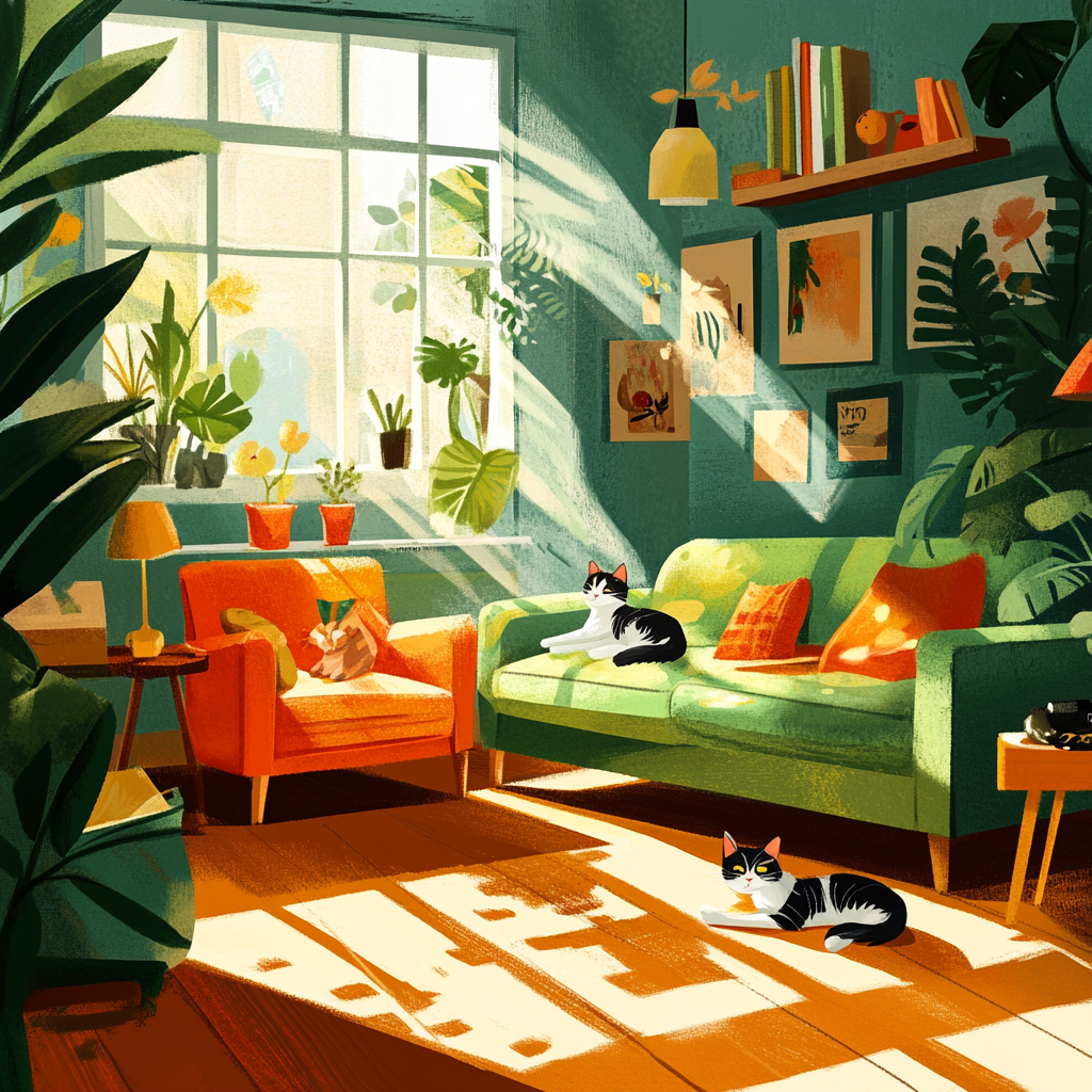 Cozy room with colorful furniture, cats basking in sun.