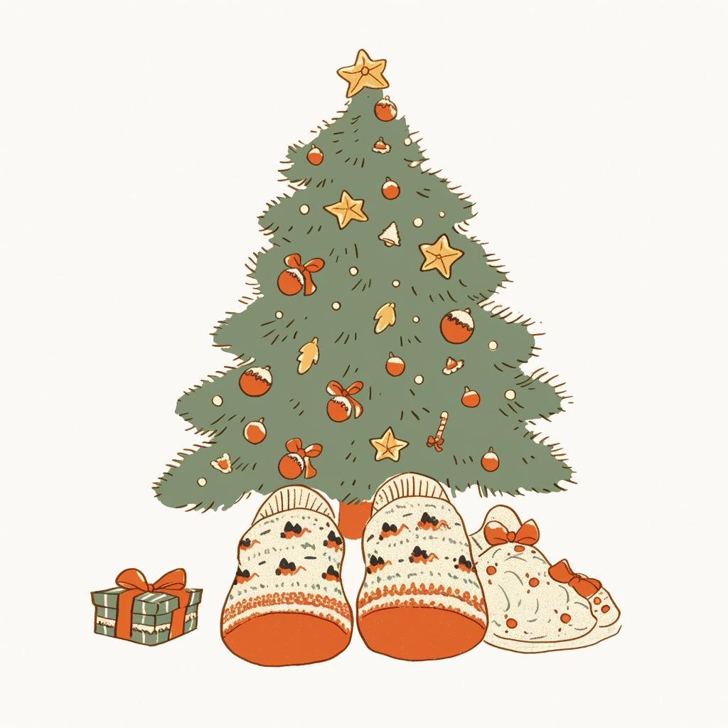 Cozy slippers by Christmas tree, with simple coloring