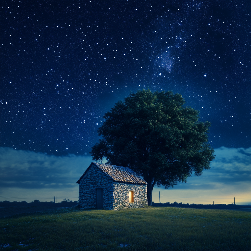 Cozy stone house under starry night sky by tree.