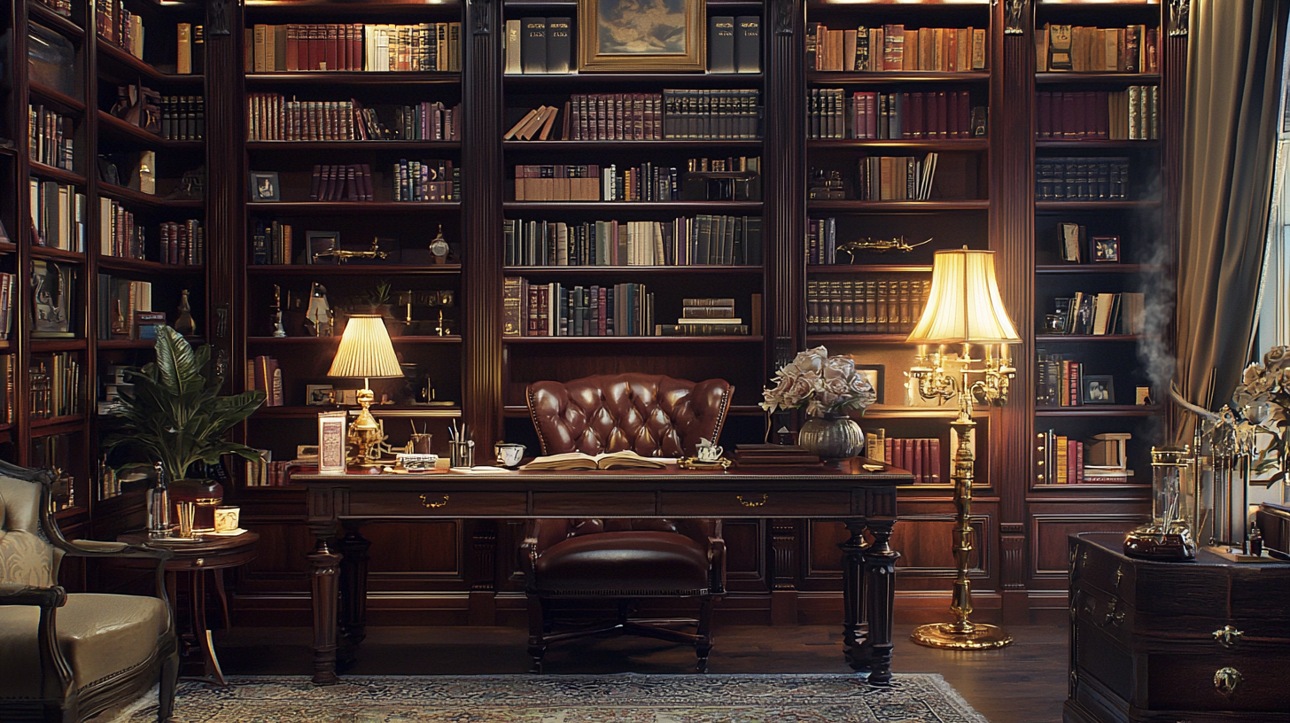 Cozy study room with vintage furniture and warm lighting.