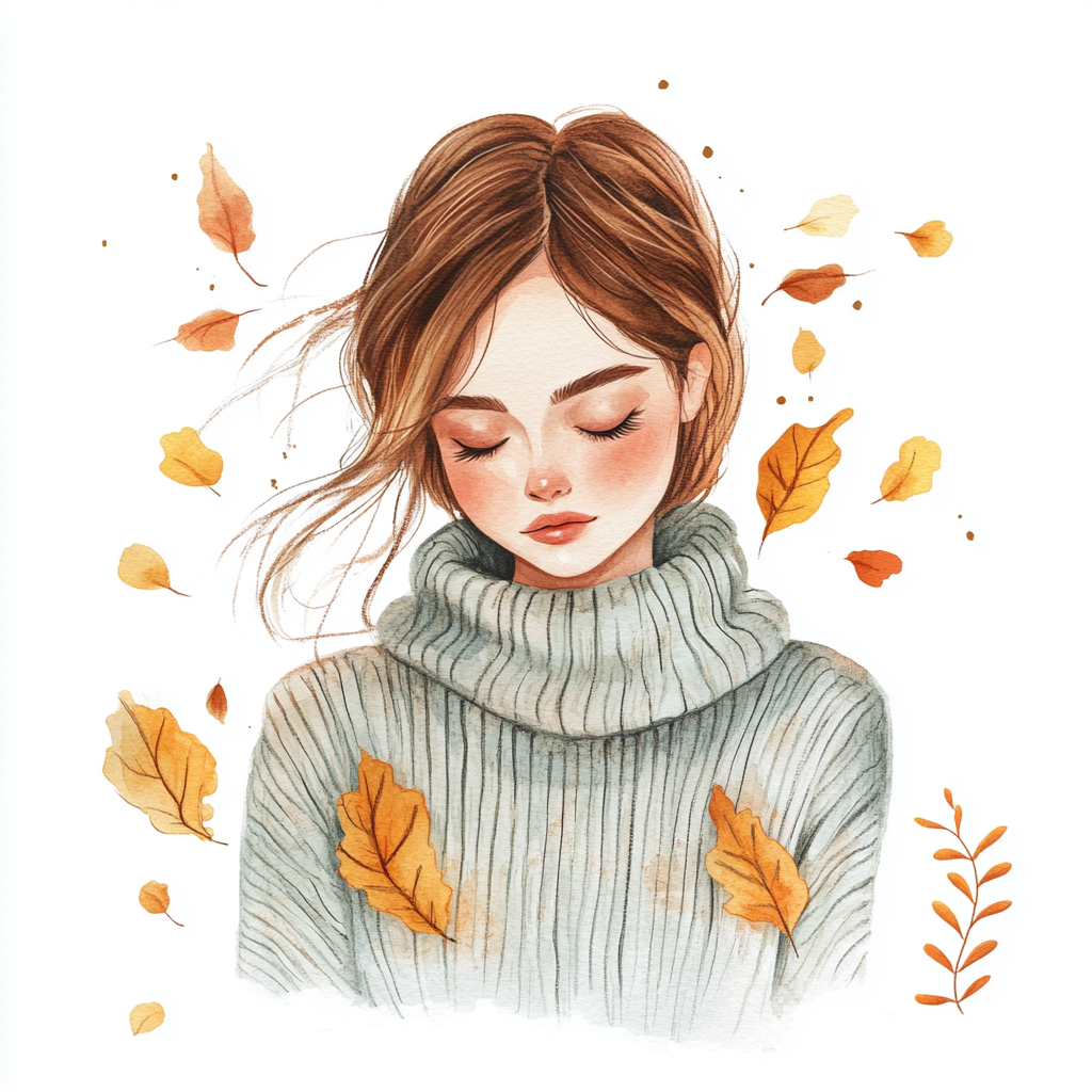 Cozy sweater girl with fall colors illustration clipart.