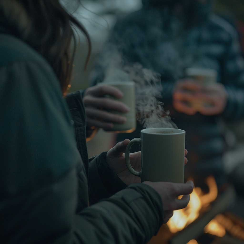 Cozy team by campfire with drinks and snacks