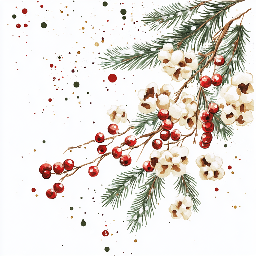 Cozy watercolour illustration of popcorn garland and tree branch.