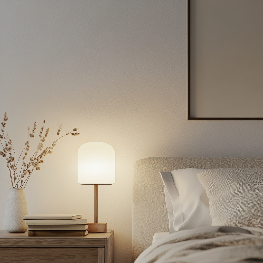 Cozy white bedroom with blurred nightstand and books.