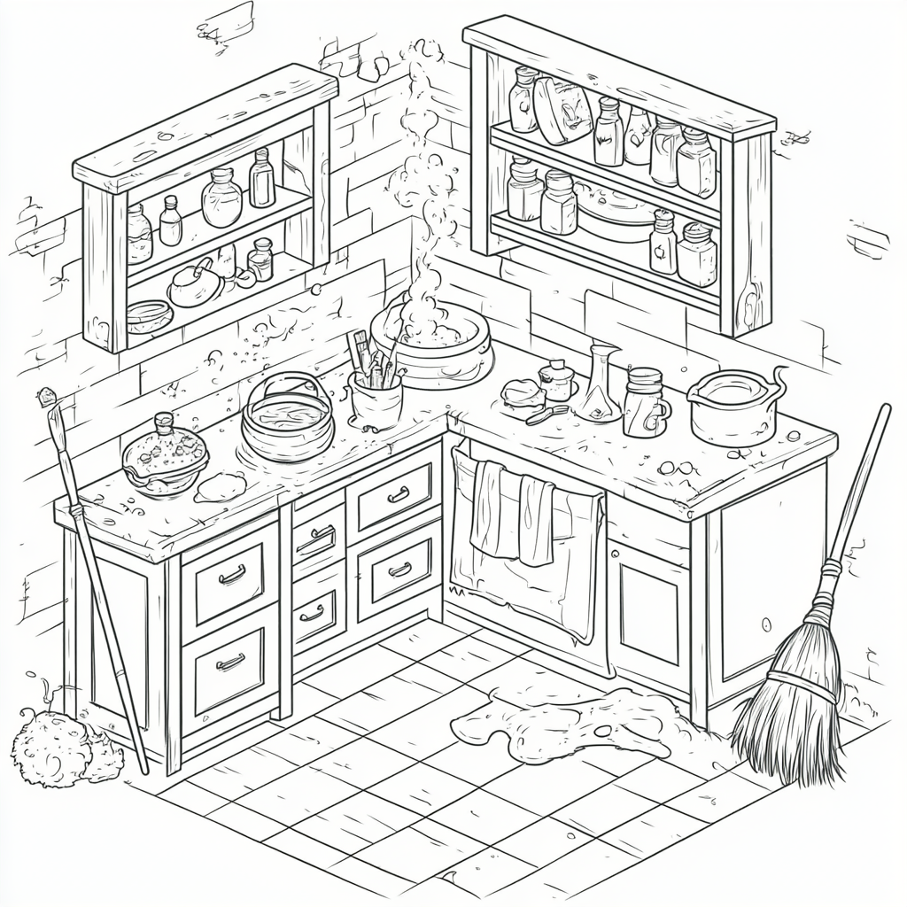 Cozy witchy kitchen in isometric view with cauldron.