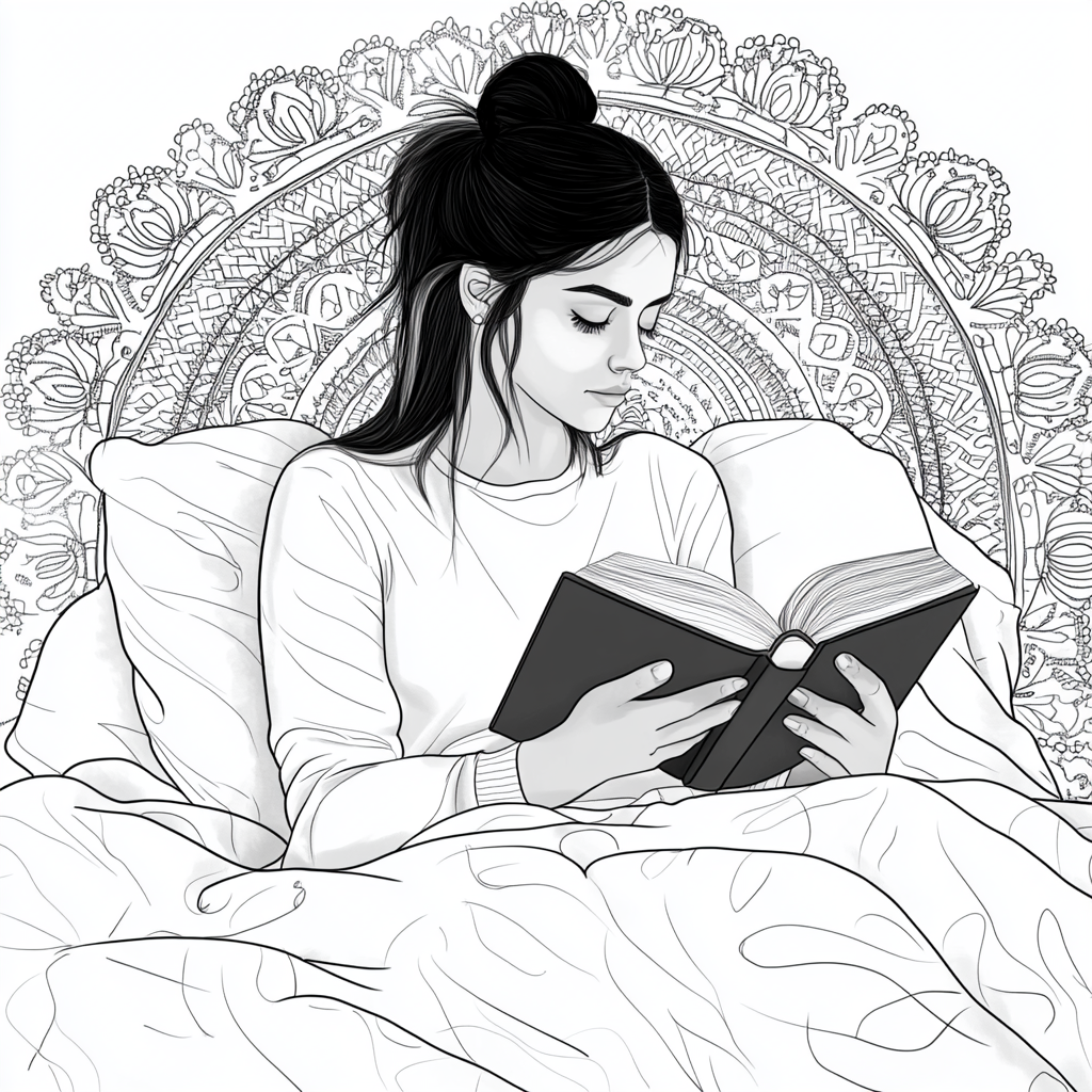 Cozy woman reading book in bed with mandalas