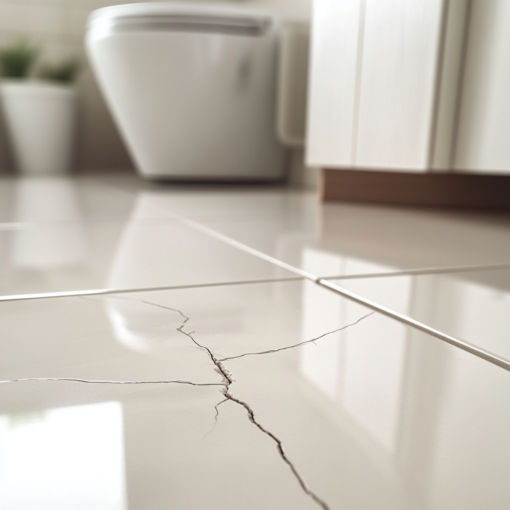 Crack in tile of clean Airbnb bathroom for documenting.