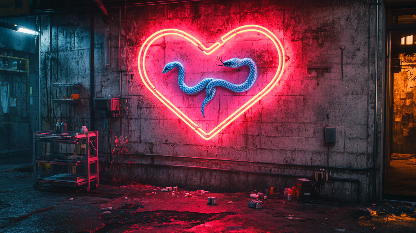 Cracked concrete wall with neon lights and snake graffiti.