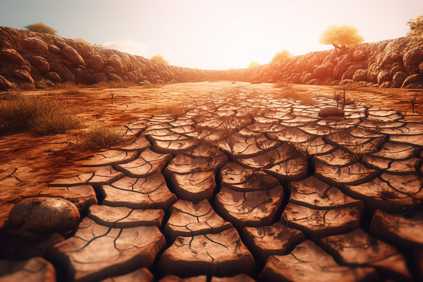 Cracked earth in dried-up riverbed, parched ground patterns.