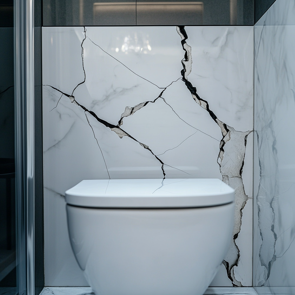 Cracked tank in modern bathroom with missing porcelain pieces.