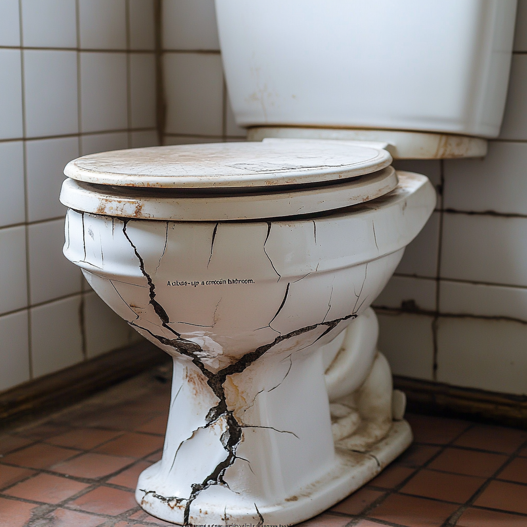 Cracked toilet in clean modern bathroom with visible damage.