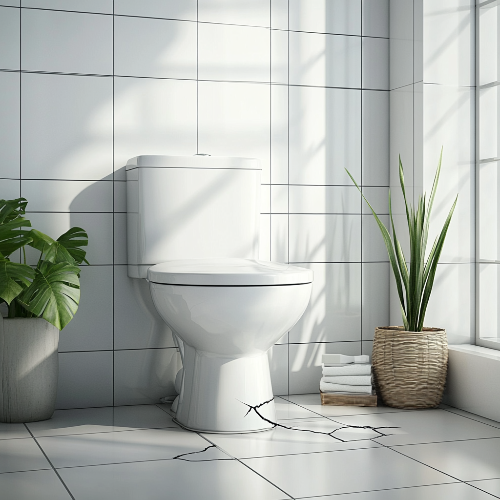 Cracked toilet tank in a simple white bathroom.