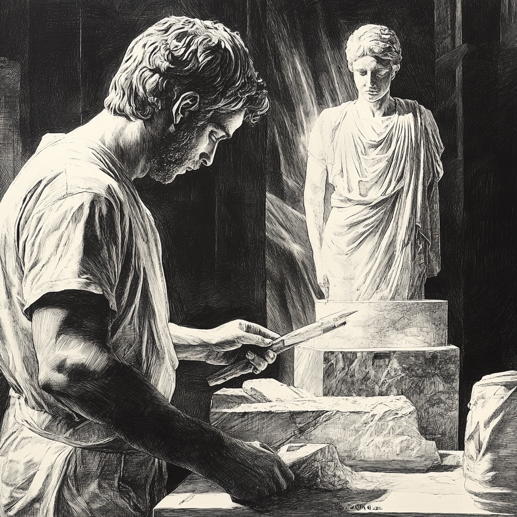 Craftsman Chiseling Statue Illustration Drawing Stoicism Labor 