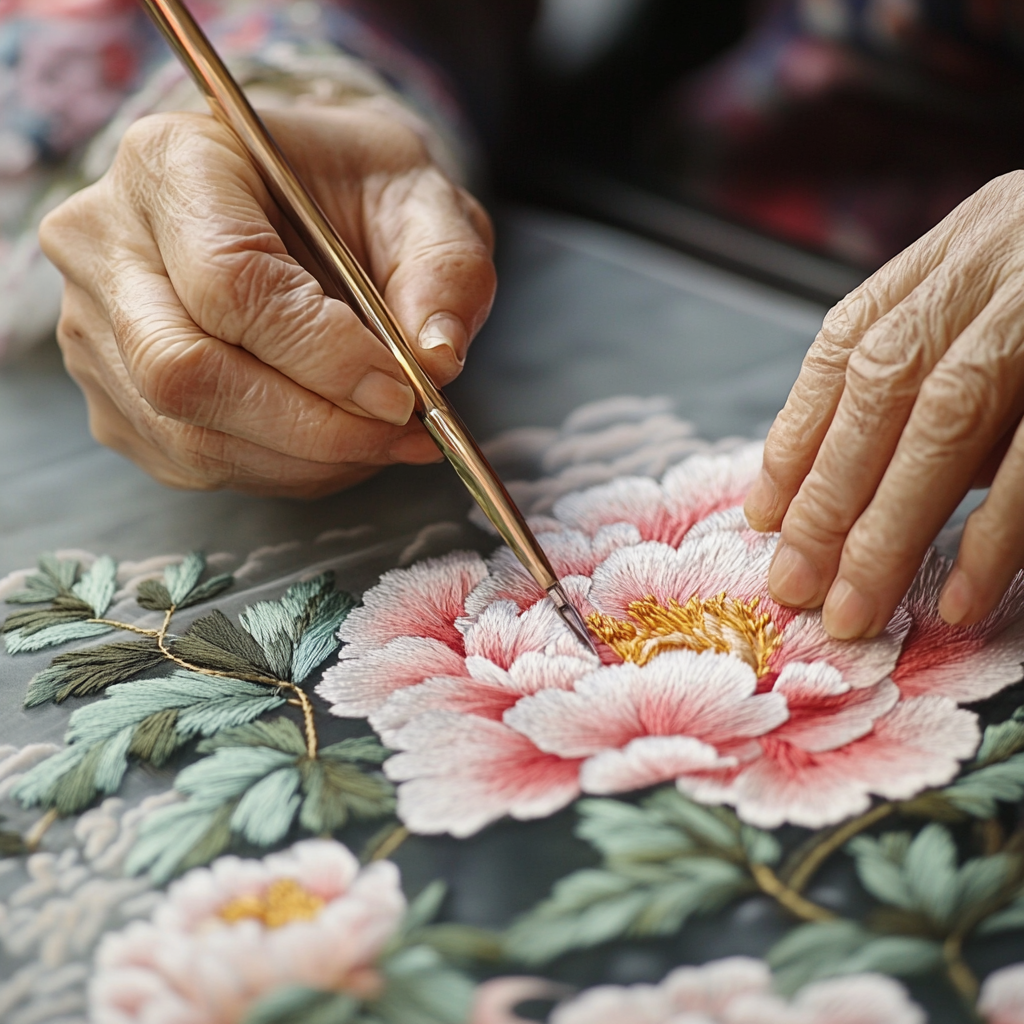 Craftsman embroiders peony; camera captures delicate Chinese style