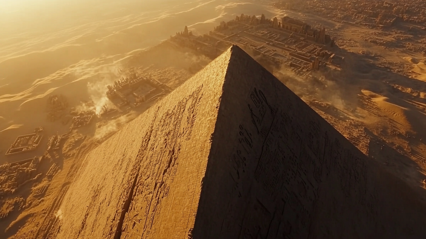 Craftsmen carving hieroglyphs on majestic Great Pyramid.