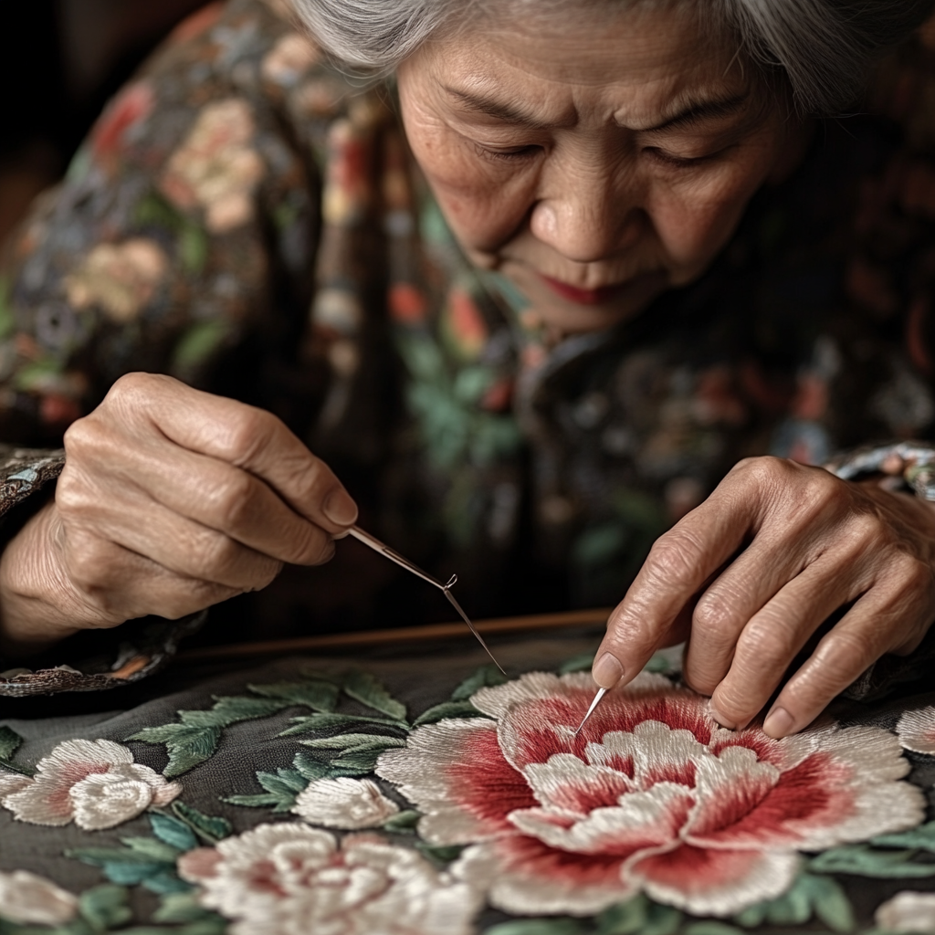 Craftswoman embroidering peony patterns, showcasing Chinese tradition