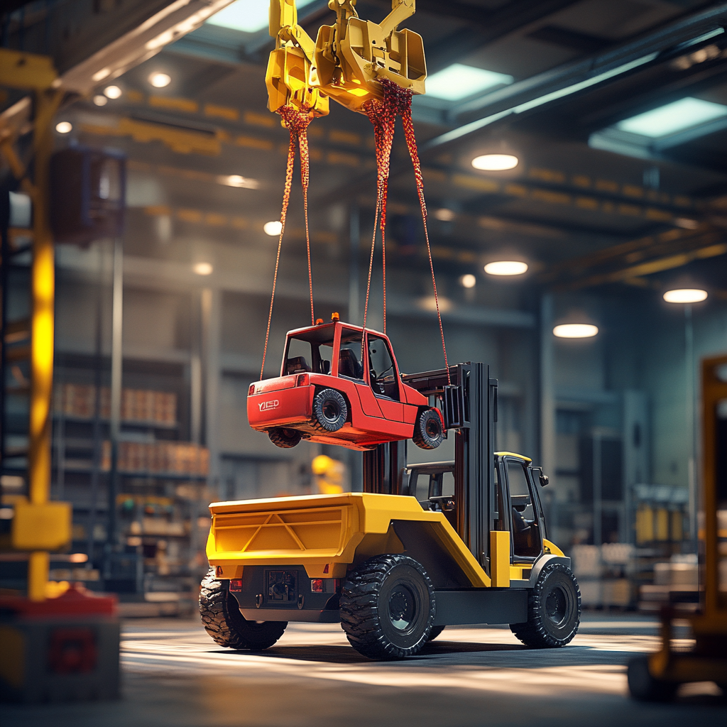 Crane lifting red forklift in bright shop floor.