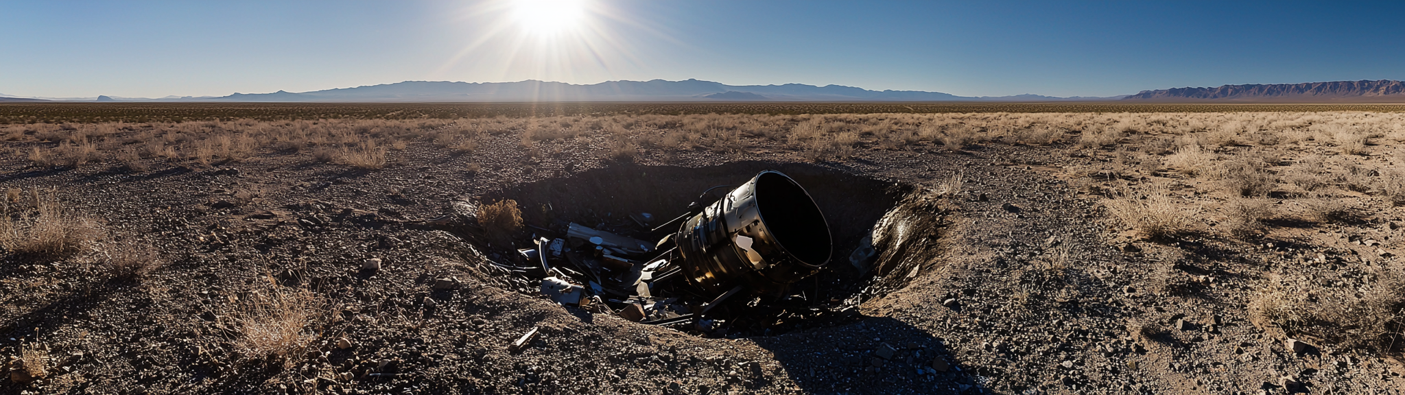 Crashed satellite in deep desert hole, charred with metal.