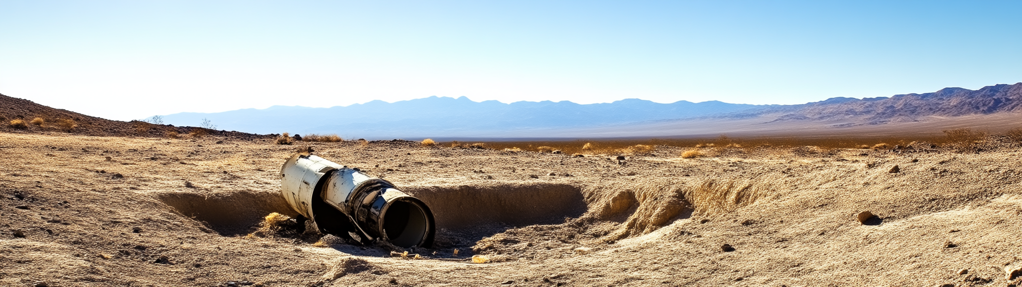 Crashed satellite in desert hole, sunny with mountains.