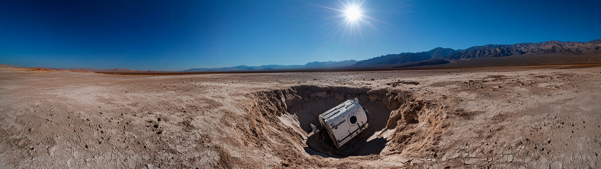 Crashed satellite in hole depression with clear sky.