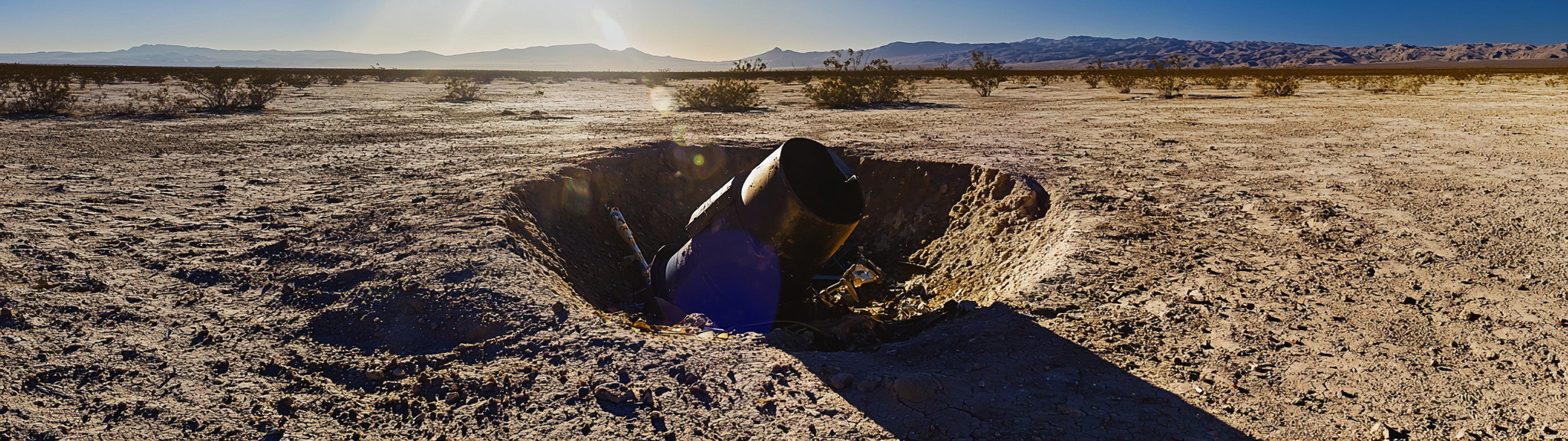 Crashed satellite in hole with charred metal, mountains. Lens flare.