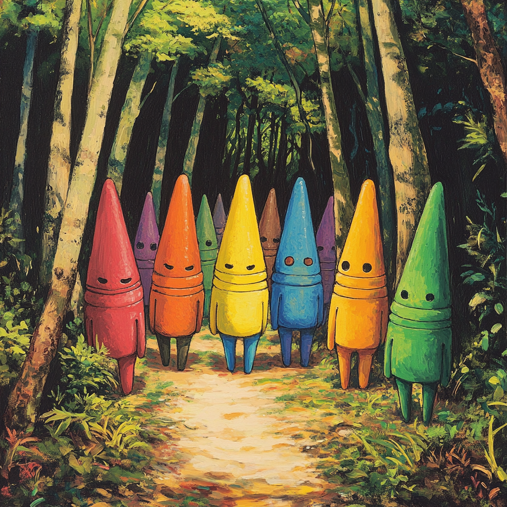 Crayon characters with cute faces walking in forest.