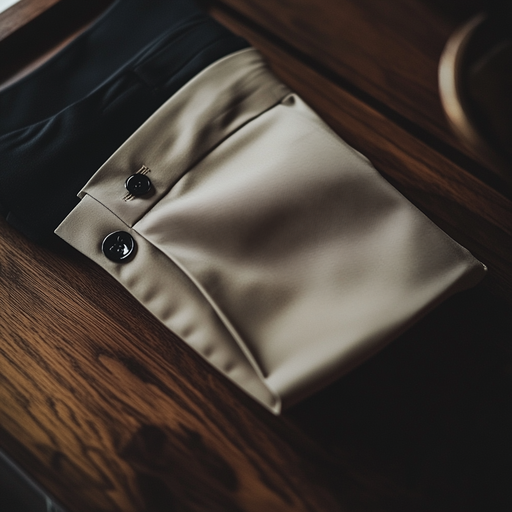 Cream trousers neatly folded on dark wooden surface.