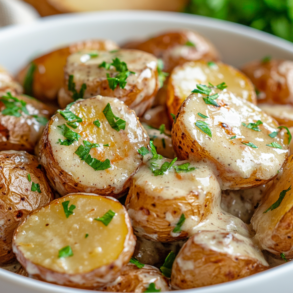 Creamy Garlic Baby Potatoes with Fresh Parsley Sprinkled Top