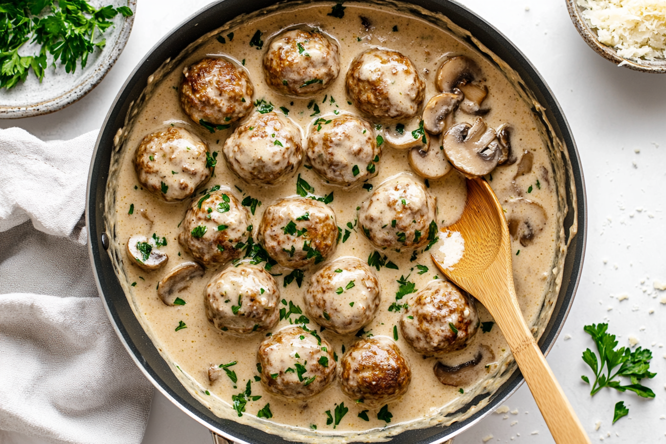 Creamy Garlic Parmesan Mushrooms Top View Shot