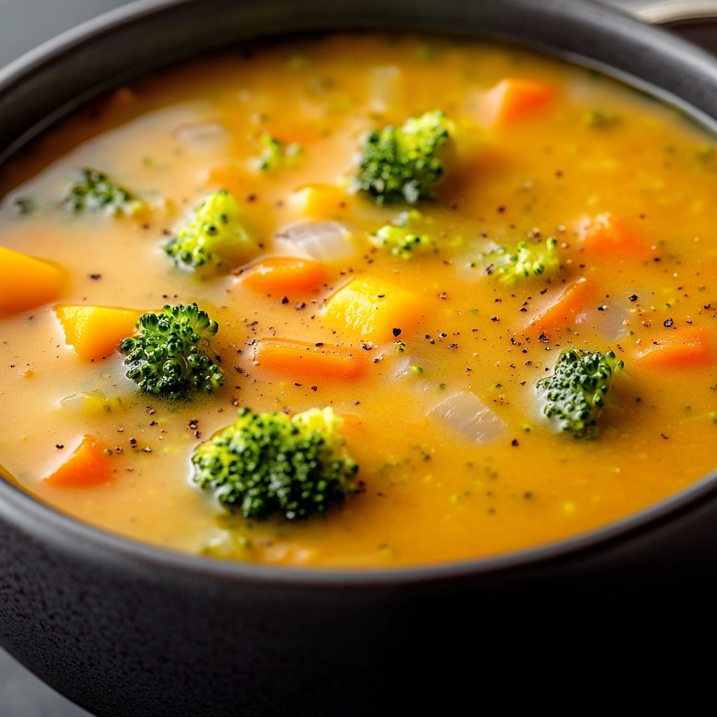 Creamy broccoli cheddar soup in cozy close-up bowl