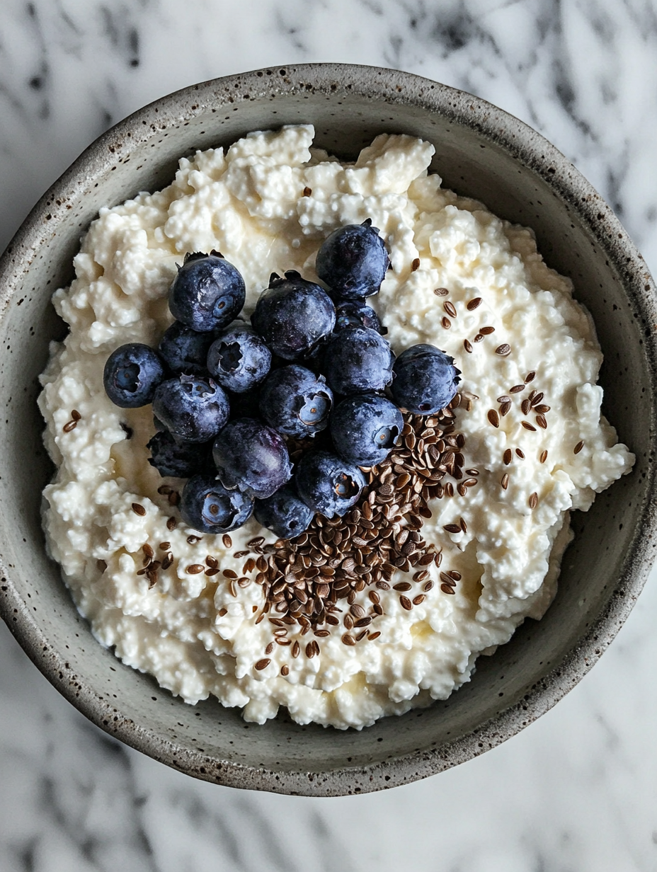 Creamy cottage cheese with blueberries on marble table.