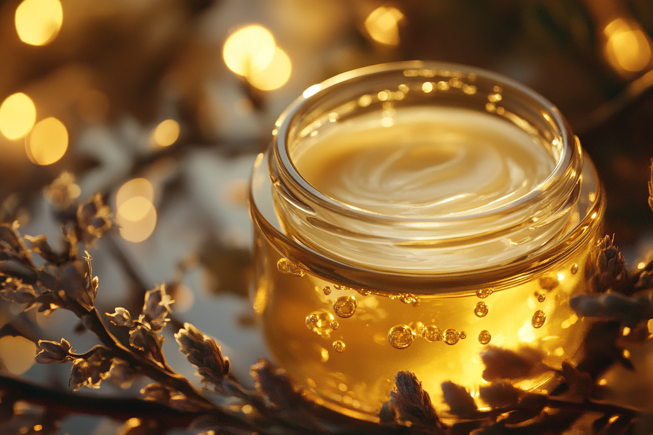 Creamy jar with golden oil, surrounded by nature