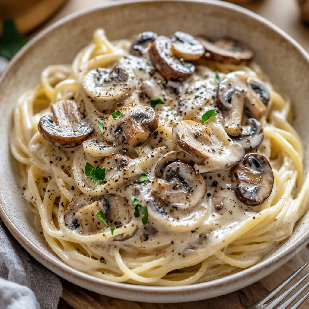 Creamy mushroom pasta with yogurt sauce, sautéed mushrooms, black pepper.